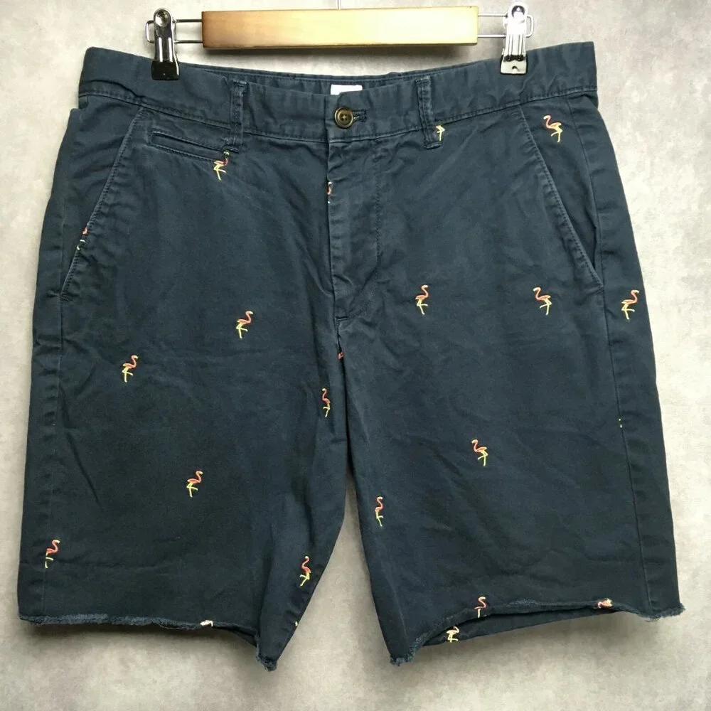 Gap Mens‎ Shorts size 32 Blue Chino Flamingo Embroidery Flat Front Rough Hem